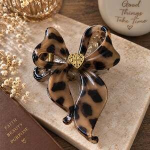 Cheetah Print Bow Claw Clip Gold Cross Statement Hair Accessory